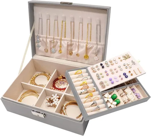 MRMOSY Joyero organizador para mujeres y niñas caja de almacenamiento de 2 capas grande para hombres caja de joyería de piel sintética con bandeja
