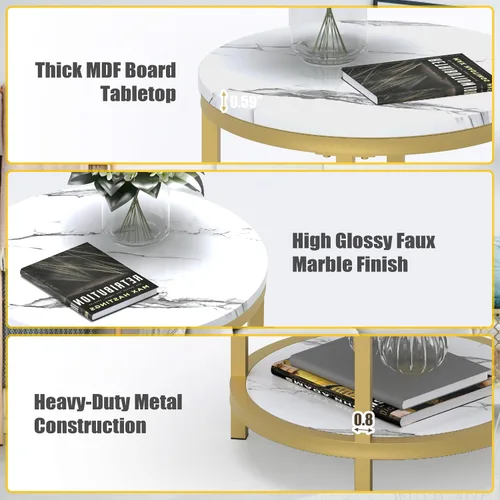 Miniatura 5 de WiberWi Mesa auxiliar redonda, moderna mesa auxiliar con marco de metal dorado y parte superior de mármol sintético, mesita de noche decorativa
