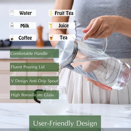 Miniatura 5 de Karafu Jarra de vidrio con asa y tapa, jarra de agua hecha a mano de 50 onzas para agua fría/caliente, té de limón helado y bebidas de jugo