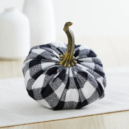 Miniatura 3 de Juego de 4 pequeñas calabazas de franela de terciopelo y algodón, decoración a cuadros de búfalo blanco y negro, estantes de calabaza negra
