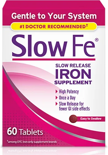Slow Fe Suplemento de hierro de 45 mg para deficiencia de hierro, liberación lenta, alta potencia, tabletas fáciles de tragar, 60 unidades