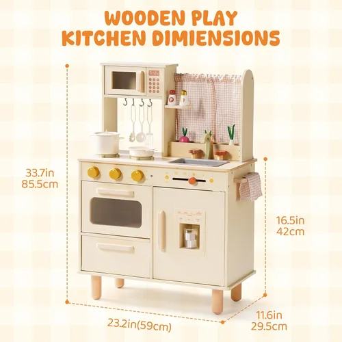 Miniatura 7 de ROBUD Juego de Cocina de Madera para Jugar, Cocina de Juego de Simulación para Niños, Cocina de Juguete con Microondas, Fregadero, Estufa y Máquina