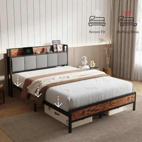 Miniatura 8 de Novilla Base de cama Queen con estación de carga USB/tipo C y cabecera de almacenamiento, marco de cama de plataforma de metal moderno, fácil