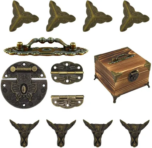Miniatura 8 de Antiguo cierre cierre bisagras mango caja esquina protectores kit para bricolaje caja de joyería tono bronce