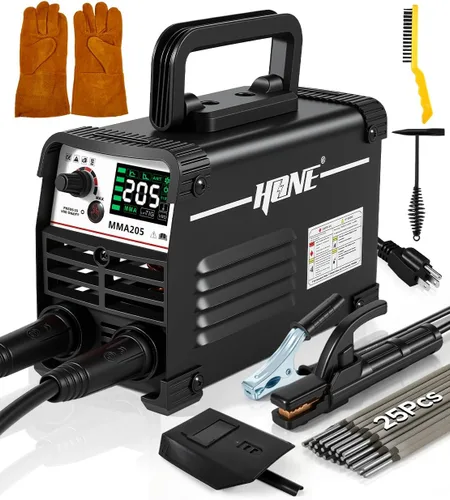 HONE Mini máquina de soldadura mejorada, 205 amperios, incluye 25 varillas soldador con soldadura Lift Tig, mini soldadora inversora IGBT de 110 V