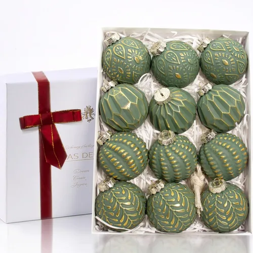Adornos de bola de Navidad verde y dorado rústicos, 3.15 pulgadas, decoraciones vintage para árbol de Navidad, 12 piezas, grandes, inastillables,