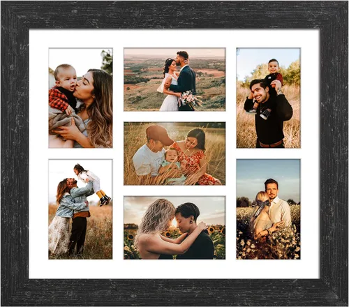 Marcos de Fotos Collage de 13.5X15.5 con 7 Aberturas para Fotos de 4X6, Marco de Fotos Múltiples con Paspartú para Decoración de Pared, Grano de