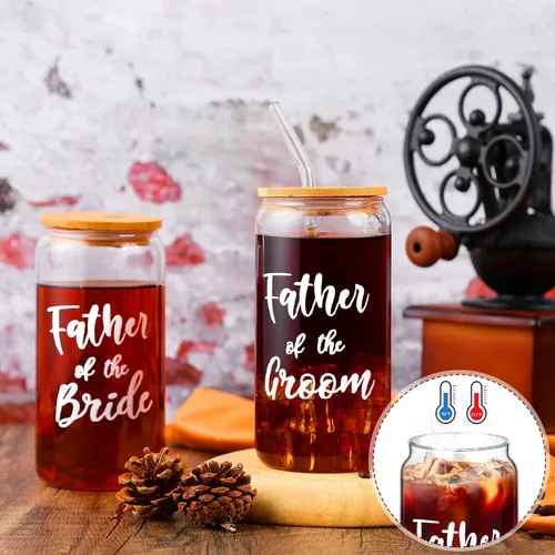 Miniatura 4 de 2 juegos de tazas de vidrio para madre del novio con tapas y pajitas, tazas de café helado de 16 onzas, regalos de boda para novia y novio (padre)