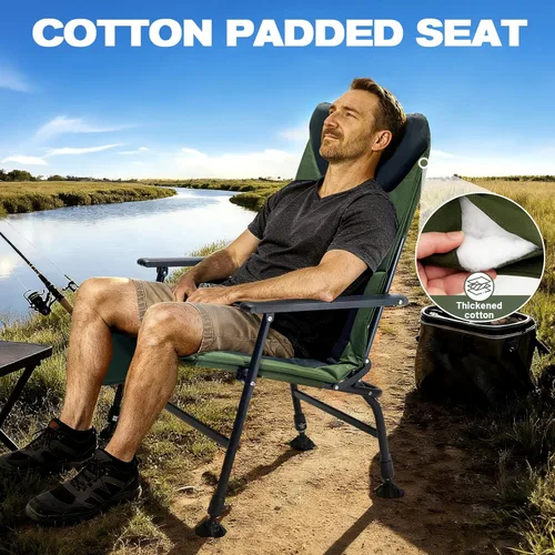Miniatura 5 de X Strike Silla de pesca plegable de gran tamaño con soporte para caña, resistente, 350 libras, pies ajustables y acolchados, silla de camping