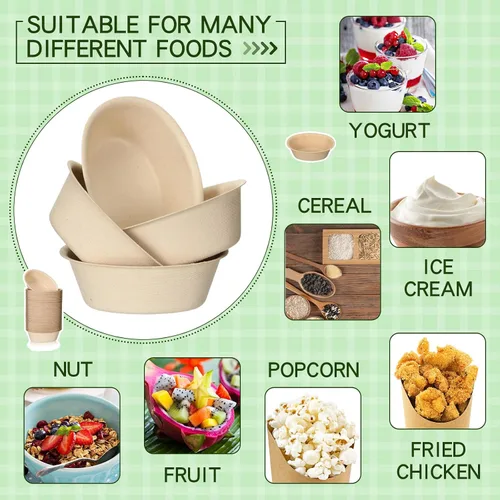 Miniatura 5 de Dandat Cuencos de papel desechables de 6 onzas a granel, pequeños cuencos de postre de bagazo para helado, sopa, ensalada, pasta, suministros