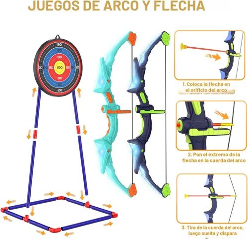 Miniatura 7 de Kmuxilal Paquete de 2 Arcos y Flechas para Niños con Luces LED Intermitentes, 14 Flechas con Ventosa y Diana de Pie Fluorescente - Juego de Tiro