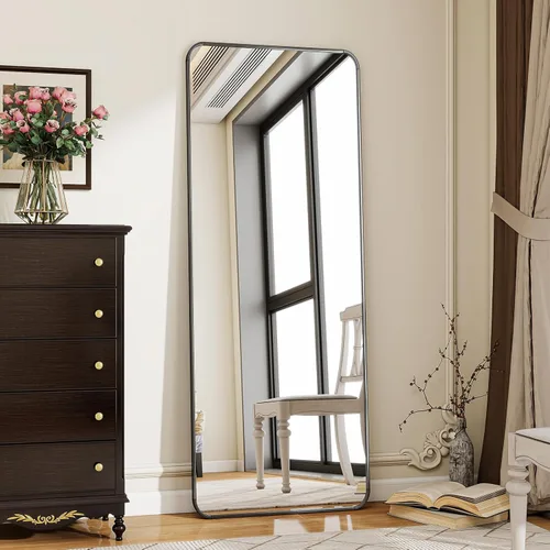 BEAUTYPEAK - Espejo de cuerpo entero negro, espejo de piso de 56 x 21 pulgadas con esquinas redondeadas, espejo para colgar, apoyar contra la pared