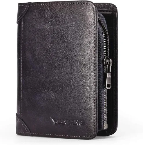 Miniatura 14 de Billetera para hombre con cremallera de cuero genuino RFID tarjeteros de piel de vaca con cremallera bolsillo para monedas, carteras plegables