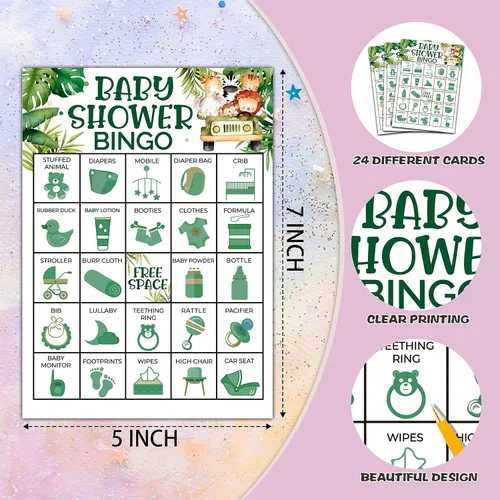Miniatura 3 de Juegos de bingo para baby shower, tarjetas de bingo de género neutro para 24 jugadores, juego de cartas de safari en la selva para actividades