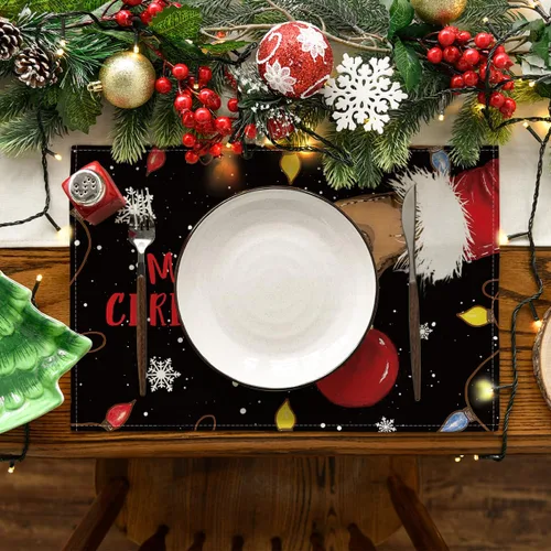 Miniatura 2 de Artoid Mode Juego de 4 manteles individuales con diseño de bola de Navidad, 12 x 18 pulgadas, color negro, para decoración de fiestas, cocina