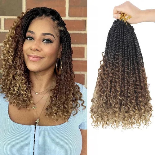 Miniatura 19 de Goddess Box Braids - Trenzas de cabello a ganchillo con extremos rizados, trenzas de caja bohemianas de 16 pulgadas, trenzas de ganchillo, 8 1B-4-30
