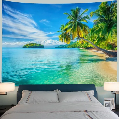 Miniatura 7 de Serborlur Tapiz para colgar en la pared con fondo de playa azul y mar, tapiz de pared tropical paraíso palmera, arte de pared, tapiz bohemio