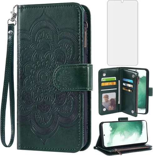 Asuwish Funda de teléfono para Samsung Galaxy S22 Plus S22+ 5G Funda tipo cartera con protector de pantalla de vidrio templado y soporte para Verde