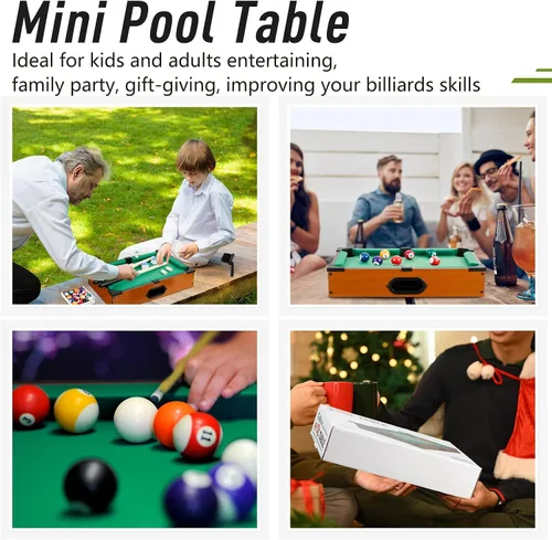 Miniatura 4 de Shappy Mini juego de mesa de billar Mesa de billar para gatos, juego de billar pequeño con 16 bolas, 2 palos de billar, 6 cubos de tiza, 6 puntas