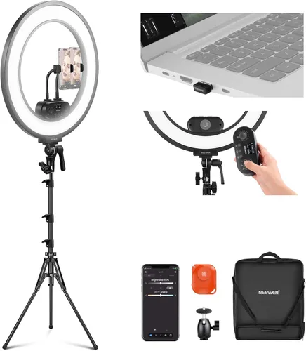 Miniatura 15 de NEEWER Kit de luz de anillo de 18 pulgadas: LED profesional de 55 W 5600 K con soporte y soporte para teléfono, tubo suave y bolsa para extensión