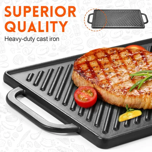 Miniatura 3 de GGC Parrilla reversible de hierro fundido, sartén de doble cara perfecta para parrillas de gas y estufas, 13 x 8.25 pulgadas rectangular