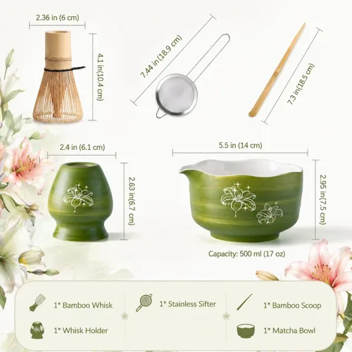 Miniatura 2 de Buucup Juego de matcha, 5 piezas de aguacate verde matcha con cuenco en forma de corazón con boquilla, batidor de bambú, cuchara, tamiz y soporte