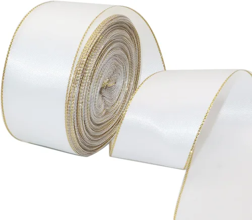 Miniatura 19 de David accessories Cinta de satén blanca antigua con bordes dorados de 1.5 pulgadas de ancho, 20 yardas, cintas de tela con borde dorado para Blanco