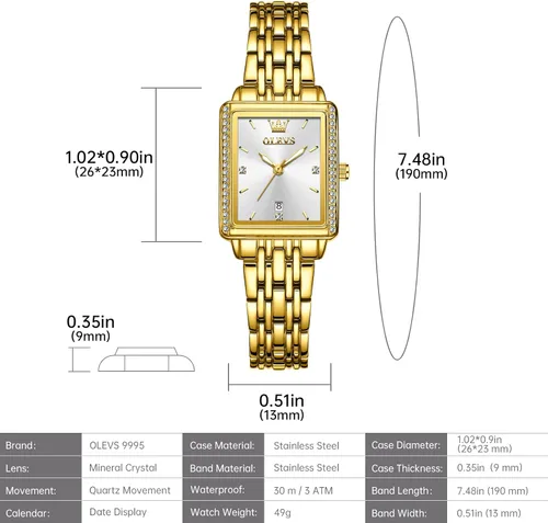 Miniatura 6 de OLEVS Reloj de mujer de oro de acero inoxidable, reloj de cara cuadrada pequeña con decoración de diamantes, reloj de vestir de cuarzo analógico