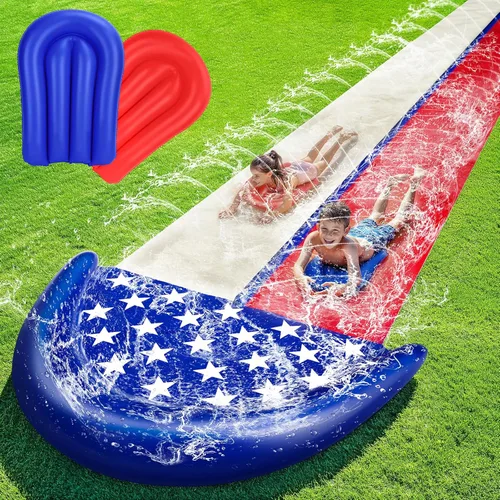 TOY Life Toboganes acuáticos gigantes de bandera estadounidense para niños, tobogán acuático de 20 pies, patio trasero con 2 tablas de bodyboard, 2