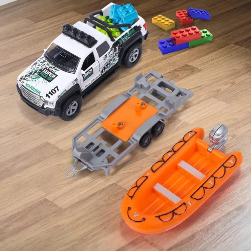 Miniatura 7 de G.C 4 Pack de juguetes de camiones de remolque para niños, juguetes de camping, barcos, camiones de metal fundido, vehículos 1:36, juguetes de autos