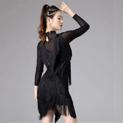 Miniatura 5 de Vestido de entrenamiento latino con borlas, falda de práctica de cha cha, para mujer, para sala de baile, tango, vals