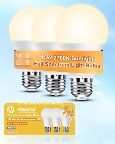 Miniatura 7 de Neporal Bombilla de espectro completo de 15W LED=100W, luz diurna libre de parpadeo de 5000K, sin UV y con alto CRI y luz natural que cuida los ojos