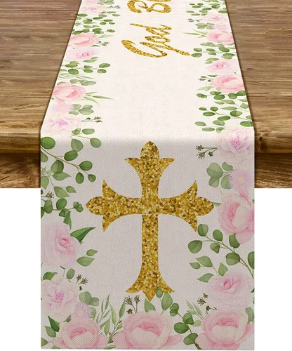 Miniatura 6 de Pudodo Camino de mesa de bautismo para niños, Dios bendiga la primera comunión, bautizo, baby shower, fiesta, cocina, comedor, decoración del hogar