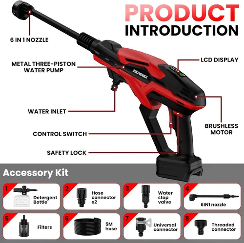 Miniatura 8 de Lavadora a presión inalámbrica para batería Milwaukee 18V, lavadora de mano portátil de 800 PSI con motor sin escobillas, boquilla 6 en 1, 3 niveles