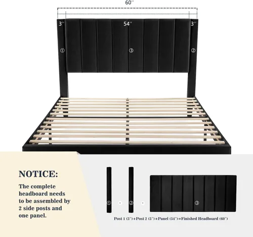Miniatura 4 de Allewie - Base de cama tapizada en terciopelo, cabecera capitoné de canales verticales, listones de madera reforzados, opción de somier, fácil