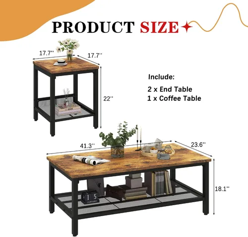 Miniatura 7 de Lamerge Juego de 3 piezas para sala de estar, mesa de café industrial con 2 mesas auxiliares cuadradas, juego de mesa de café con marco metálico