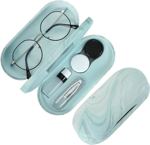 Miniatura 19 de MoKo Estuche Doble para Gafas, Estuche para Lentes de Contacto con Pinzas Removedoras con Espejo, 2 en 1 de Doble Cara Portátil, Caja Soporte Azul