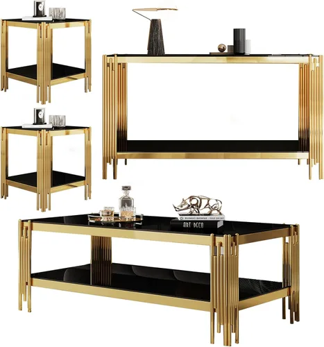 Miniatura 31 de Mesa auxiliar rectangular de vidrio de 48 pulgadas, mesa de centro de 2 niveles con parte superior de vidrio templado negro, patas de acero