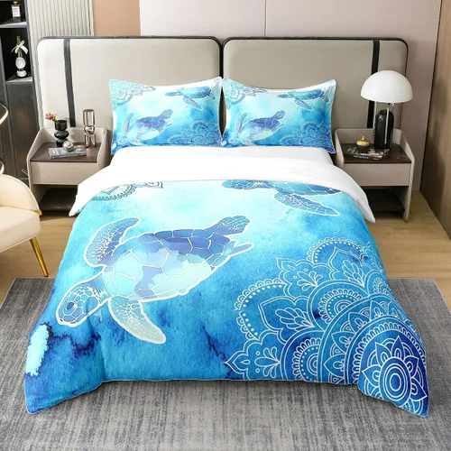 Miniatura 45 de 100% Algodón Natural Acuarela Juego de Ropa de Cama con Diseño Marino para Niños y Niñas, Juego de Cama con Estrella de Mar y Caracol Azul, Juego