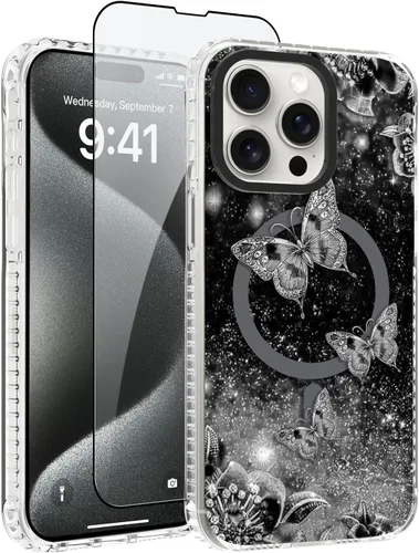 Miniatura 24 de OOK Funda Magnética para iPhone 15 Plus Diseño de Nebulosa Espacial de Flores Morado Profundo [Compatible con MagSafe] PC Duro + TPU Suave