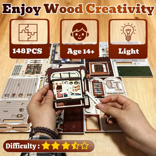 Miniatura 2 de Rompecabezas de madera 3D, kits de rincón de libros para adultos, kits de construcción de casas en miniatura, manualidades de madera