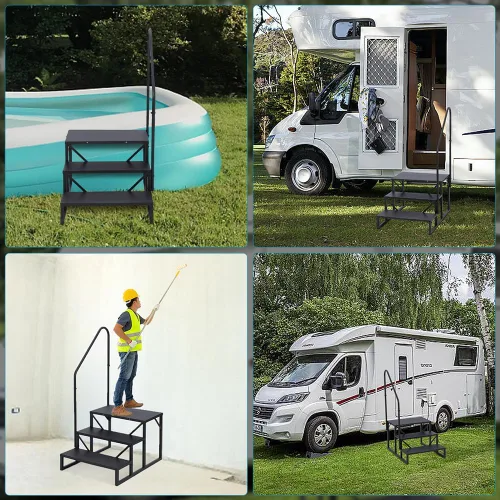 Miniatura 6 de Towallmark RV 3 escalones con pasamanos, peldaños de metal para bañera de hidromasaje, escaleras portátiles para RV, escaleras de casa móvil