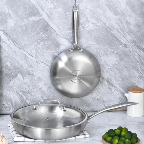 Miniatura 6 de LOLYKITCH Set de sartenes de acero inoxidable de tres capas de 8.5-10 pulgadas con tapa, sartenes, utensilios de cocina para inducción, aptos