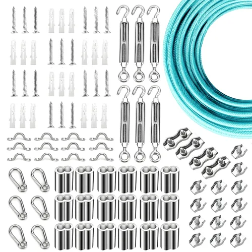 Miniatura 24 de Kit de suspensión de luces de cuerda de globo, cable guía de luz para exteriores, cable de acero inoxidable recubierto de vinilo, incluye 50 pies