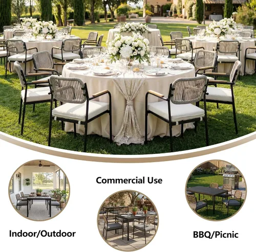 Miniatura 6 de Juego de 2 sillas de comedor para exteriores, sillas de comedor de mimbre para patio con cojines extraíbles, silla de mesa rectangular para patio