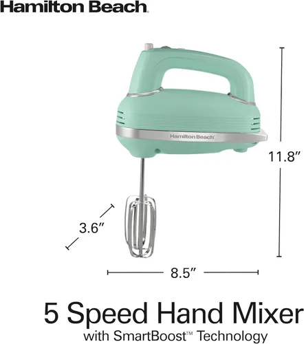Miniatura 8 de Hamilton Beach Mezclador de mano eléctrico de 5 velocidades estilo vintage, potente motor DC de 1.3 Amp para mezclas sin esfuerzo y velocidad