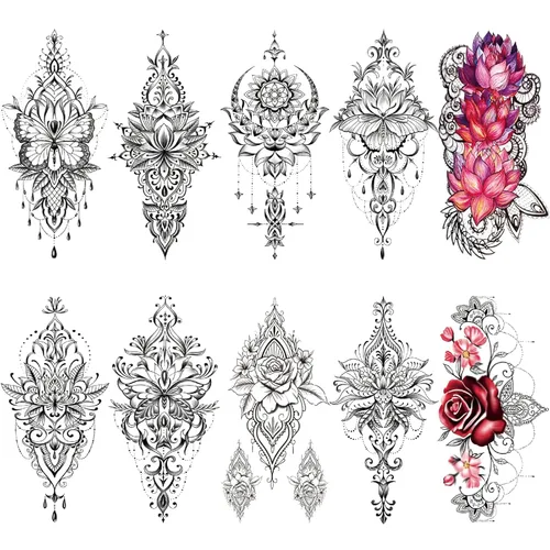 10 hojas de tatuajes temporales realistas de flor de loto sexy para mujer, muslo de brazo, grande, floral, indio, tribal, bohemio, mariposa,