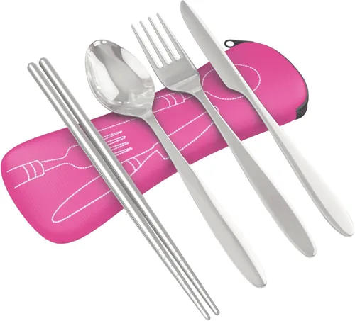 Miniatura 15 de Set de 4 unidades (cuchillo, tenedor, cuchara, palillos) para Viajes/Camping –Cubertería de acero inoxidable con funda de neopreno Juego de 4 piezas