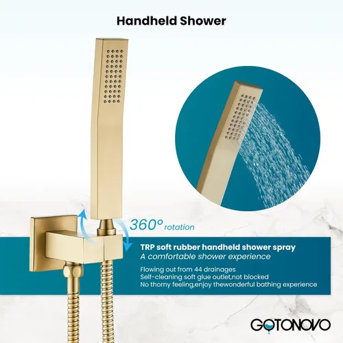 Miniatura 9 de gotonovo Sistema de grifo de ducha de lluvia de 10 pulgadas, cabezal de ducha de lluvia con rociador de mano, boquilla de cascada, mezclador montado