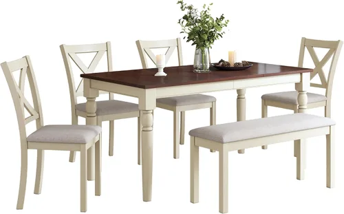 Miniatura 9 de AMERLIFE Juego de mesa de comedor de 6 piezas estilo granja, mesa de madera maciza de 152 cm con 4 sillas tapizadas y banco, asientos cómodos